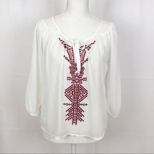 🌺FANG Peasant Blouse-Embroidered-White/Burgundy-S